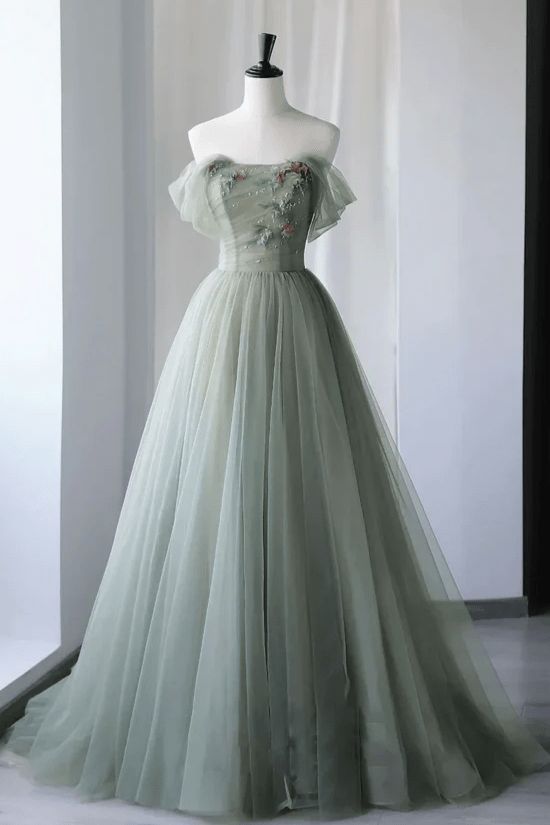 princess dresses_Drusilla | Princess Off the Shoulder Embroidering Tulle Sage Ball Gown