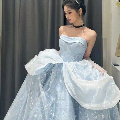 princess dresses_Midnight Cinderella Prom Evening Party Elegant Blue Gown Princess Fairy Puff Sleeve Tube Dress from sugarplum