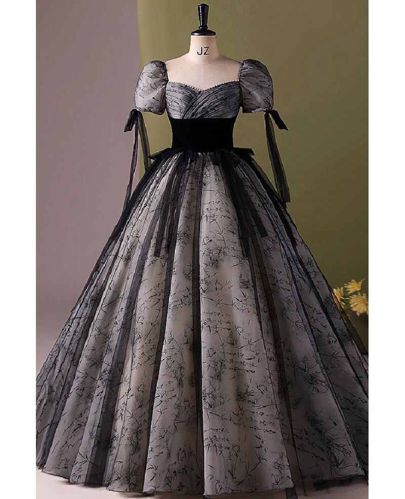 princess dresses_Princess Long Black Ballgown Prom Dress With Bubble Sleeves