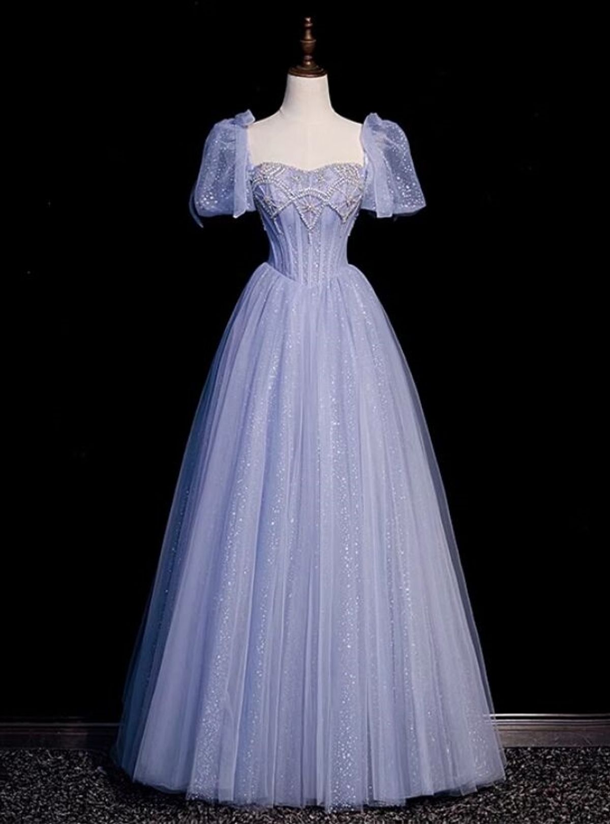 princess dresses_Fancy Blue Tulle Sequins Puff Sleeve Beading Prom Dress