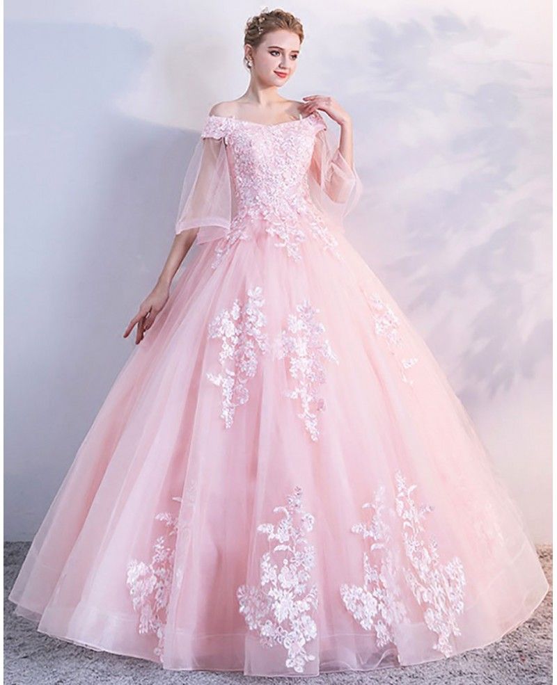 princess dresses_Fairytale Pink Tulle Off Shoulder Ballgown Prom Dress With Appliques
