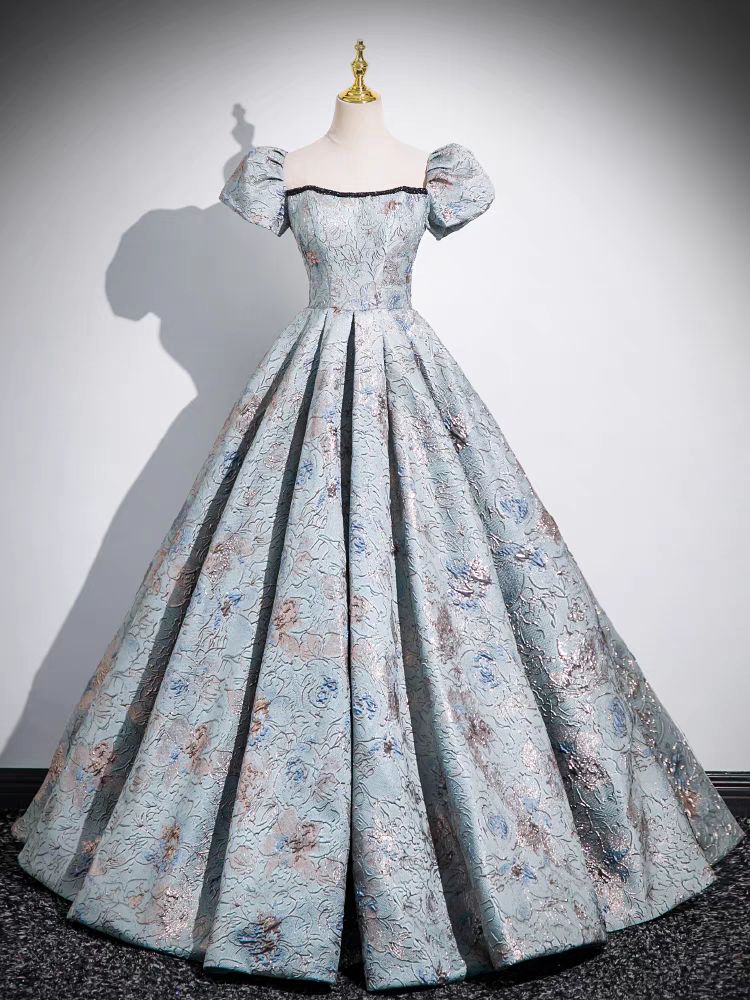princess dresses_Palace Style Princess Bubble Sleeve Printed Satin Ball Gown Prom Dress - Sky_Blue
