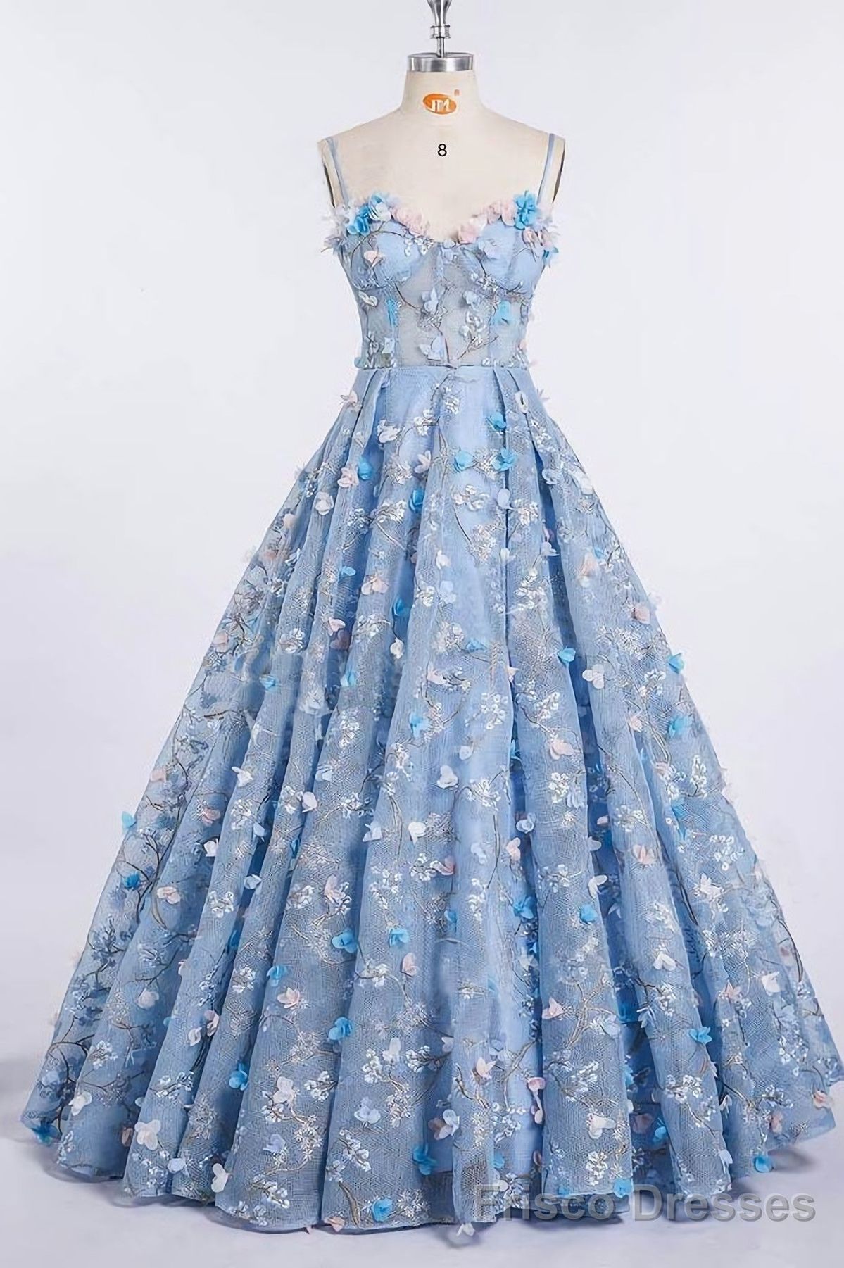 princess dresses_Princess Spaghetti Strap 3D Flower Applique Sky Blue Prom Dresses - Sky Blue / US8