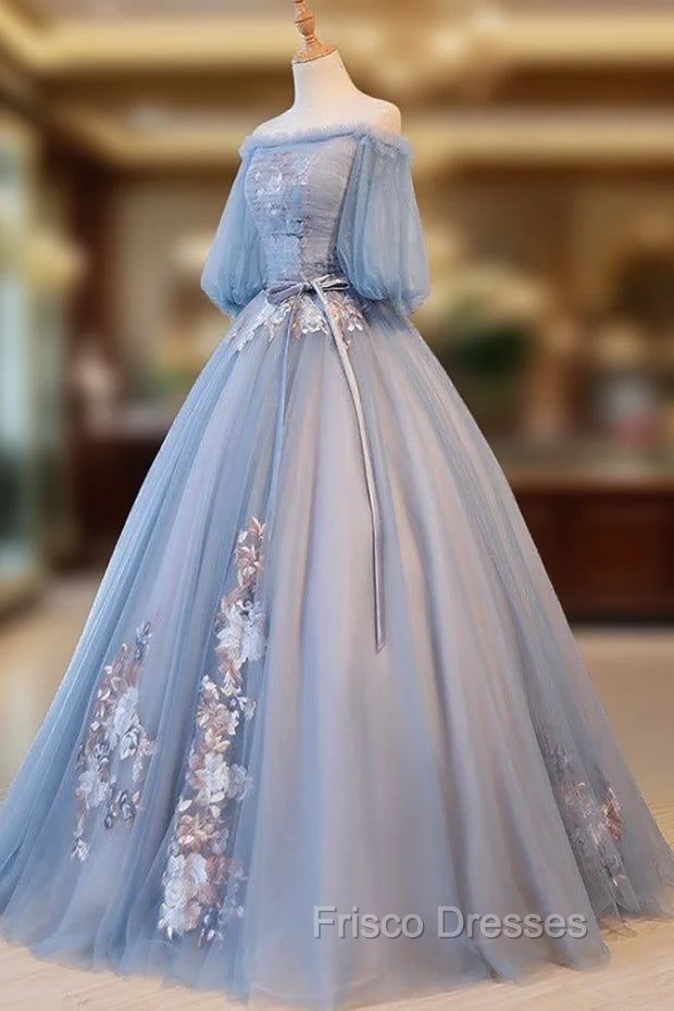 princess dresses_Blue Tulle Off Shoulder with Lace Floral Long Party Dress, Cute Party Dress Formal Prom Dress - Blue / Custom Size