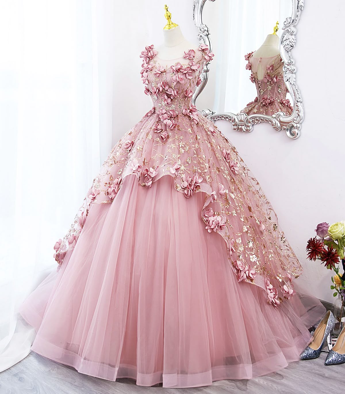 princess dresses_Beautiful Pink Tulle Long Prom Dress with Flowers, Lovely Party Dress Sweet 16 Dress from Little Cute