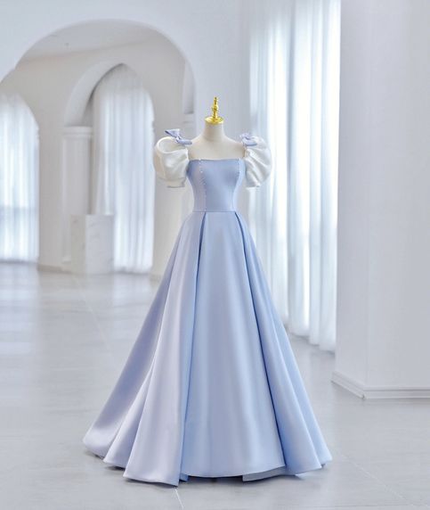 princess dresses_Blue Satin Long A-Line Prom Dresss, Lovely Short Sleeve Princess Evening Dress from Little Cute