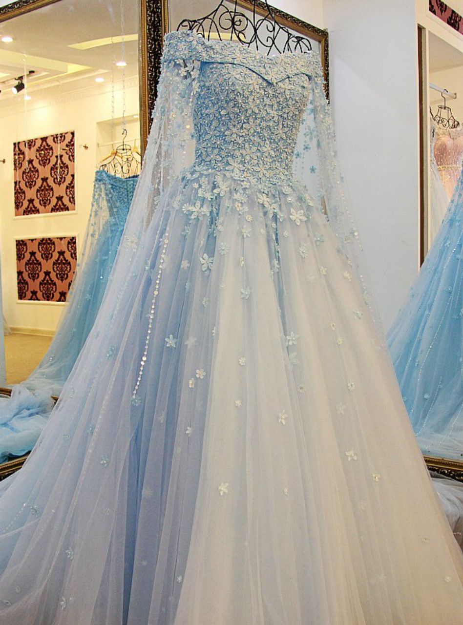 princess dresses_Blue Tulle Off The Shoulder Appliques Beading Wedding Dress