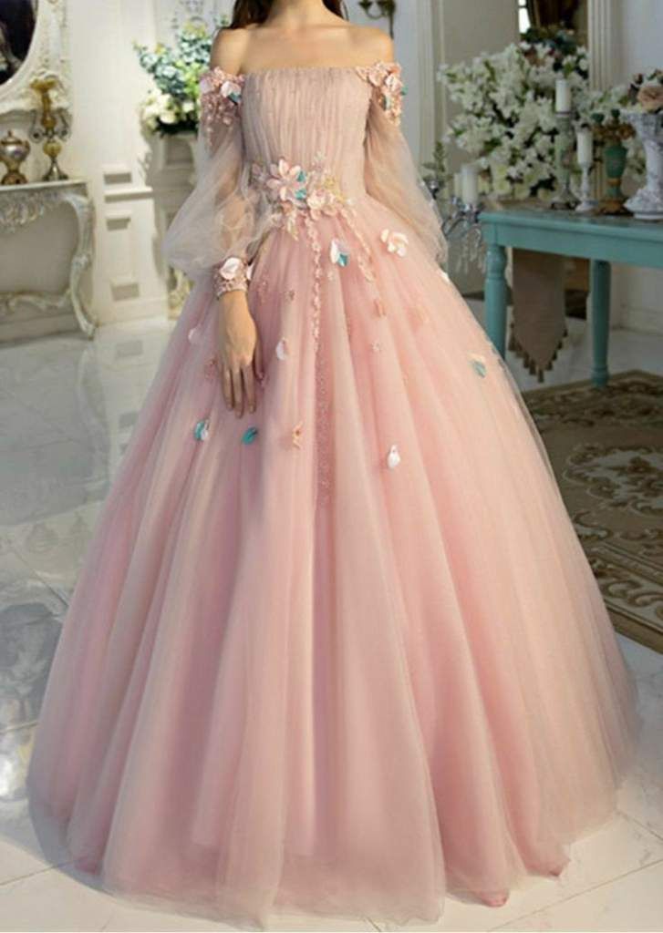 princess dresses_Pink strapless off the shoulder prom dress with long sleeves,tulle lace applique evening dress,SB072
