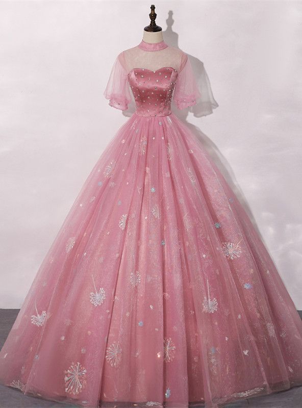 princess dresses_Pink Ball Gown Tulle Short Sleeve Beading Quinceanera Dress