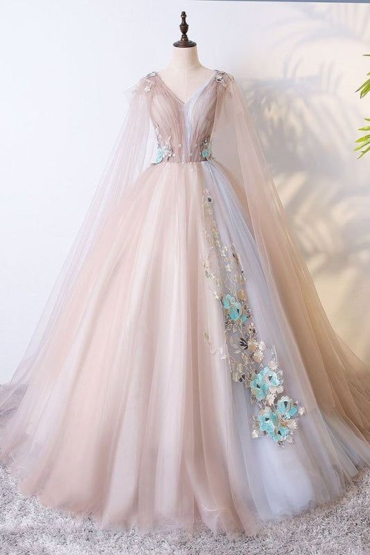 princess dresses_Ball Gown V Neck Tulle Prom Dress with Appliques Unique Floor Length Quinceanera DressesDefault Title