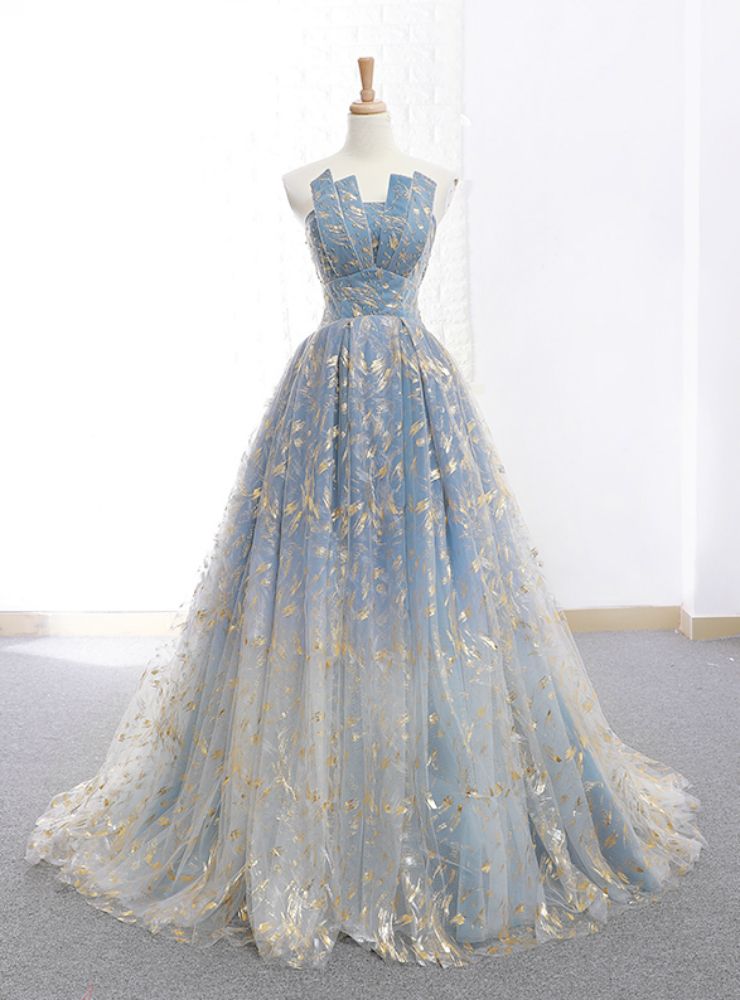 princess dresses_A-Line Blue Tulle Strapless Neck Floor Length Wedding Dress