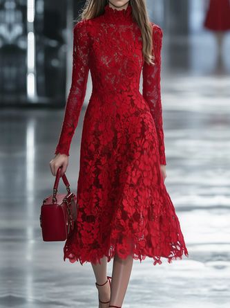 elegant dresses_StyleWe Women Elegant Midi Dress Natural X-Line Stand Collar Long Sleeve Lace Regular Sleeve Spring/Fall For Together