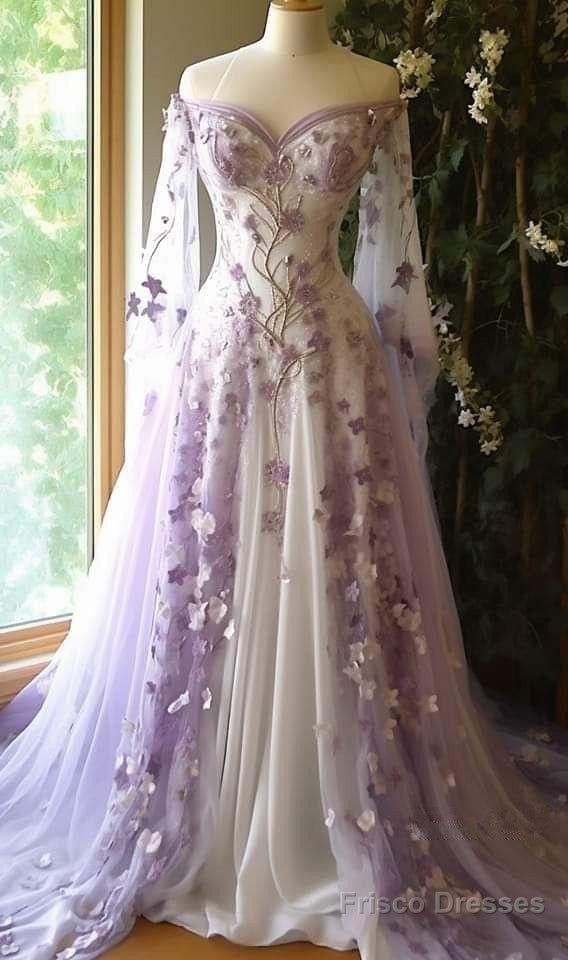 princess dresses_Aesthetic Ball Gown Off The Shoulder Tulle Lilac Party Dresses Long Prom Dress Evening Dresses - Picture Color / US2