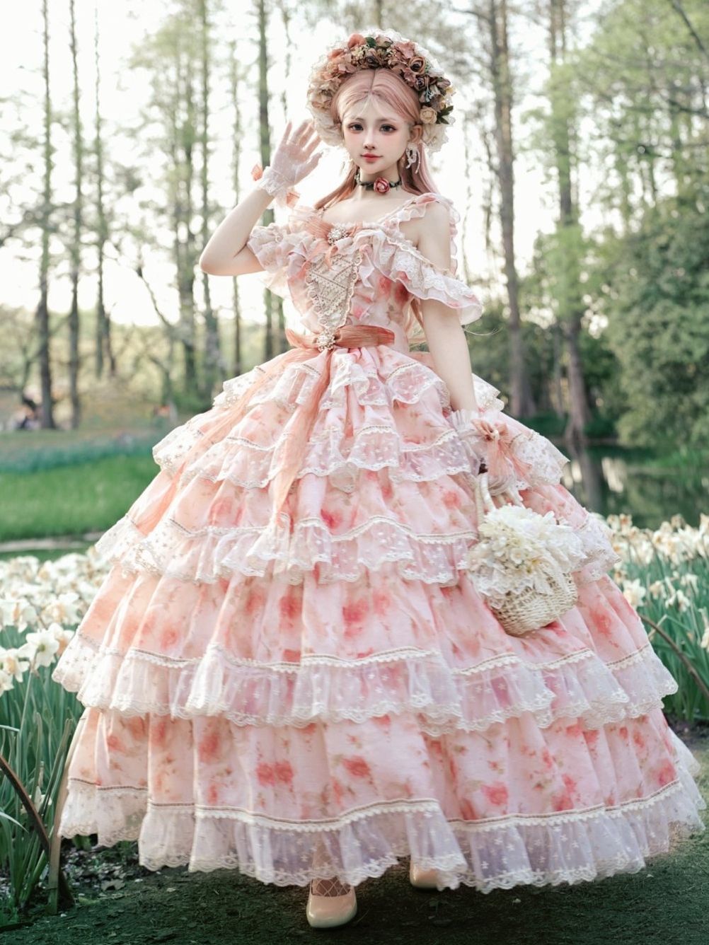princess dresses_Romantic Rosette Print Quinceanera Princess Dress Hanayome Lolita JSK Tiered Skirt Floor Length