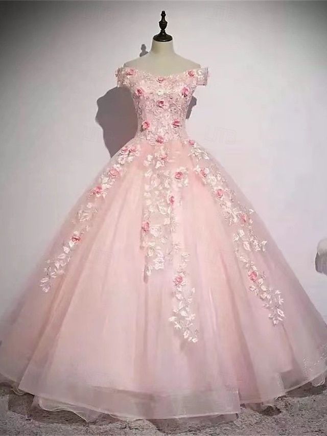 princess dresses_Ball Gown A-Line Floor Length Prom Dresses Elegant Party Princess Sleeveless Off Shoulder Prom Evening Party Polyester Backless with Floral Print Pleats 2025 - $99.99