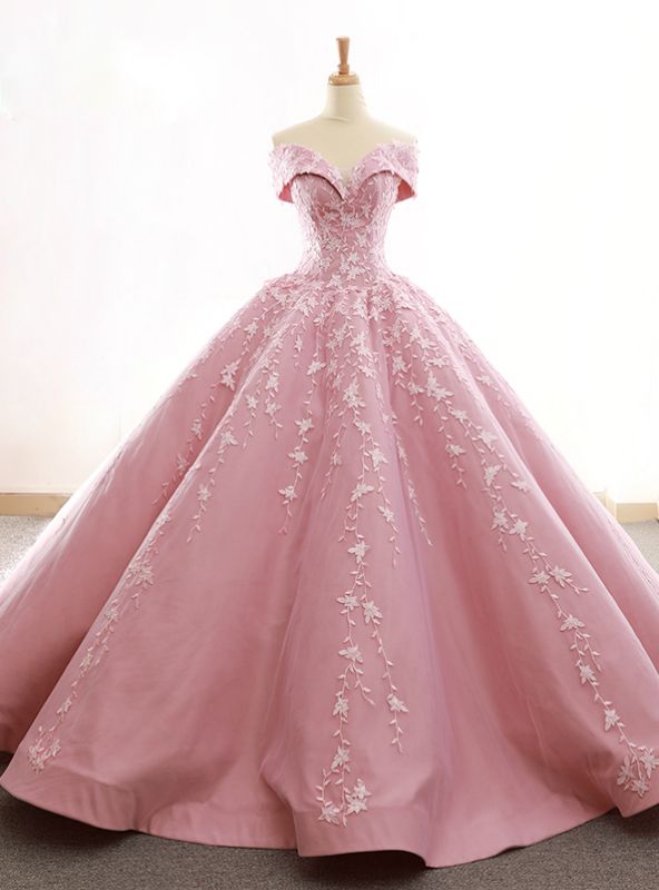 princess dresses_Pink Tulle Off The Shoulder Appliques Prom Dress