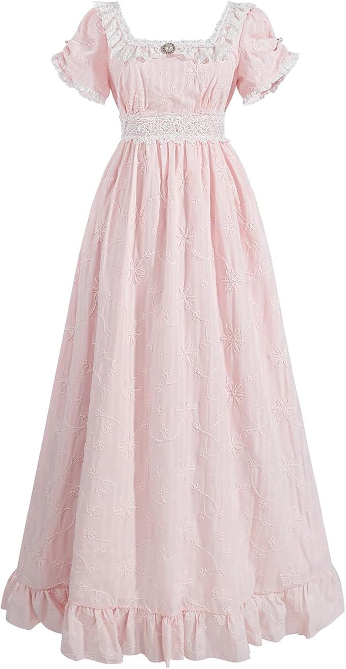 princess dresses_LTAKK Regency Dress Women Regency Costume Empire Waist Tea Party Victorian Gown with Pearl Brooch