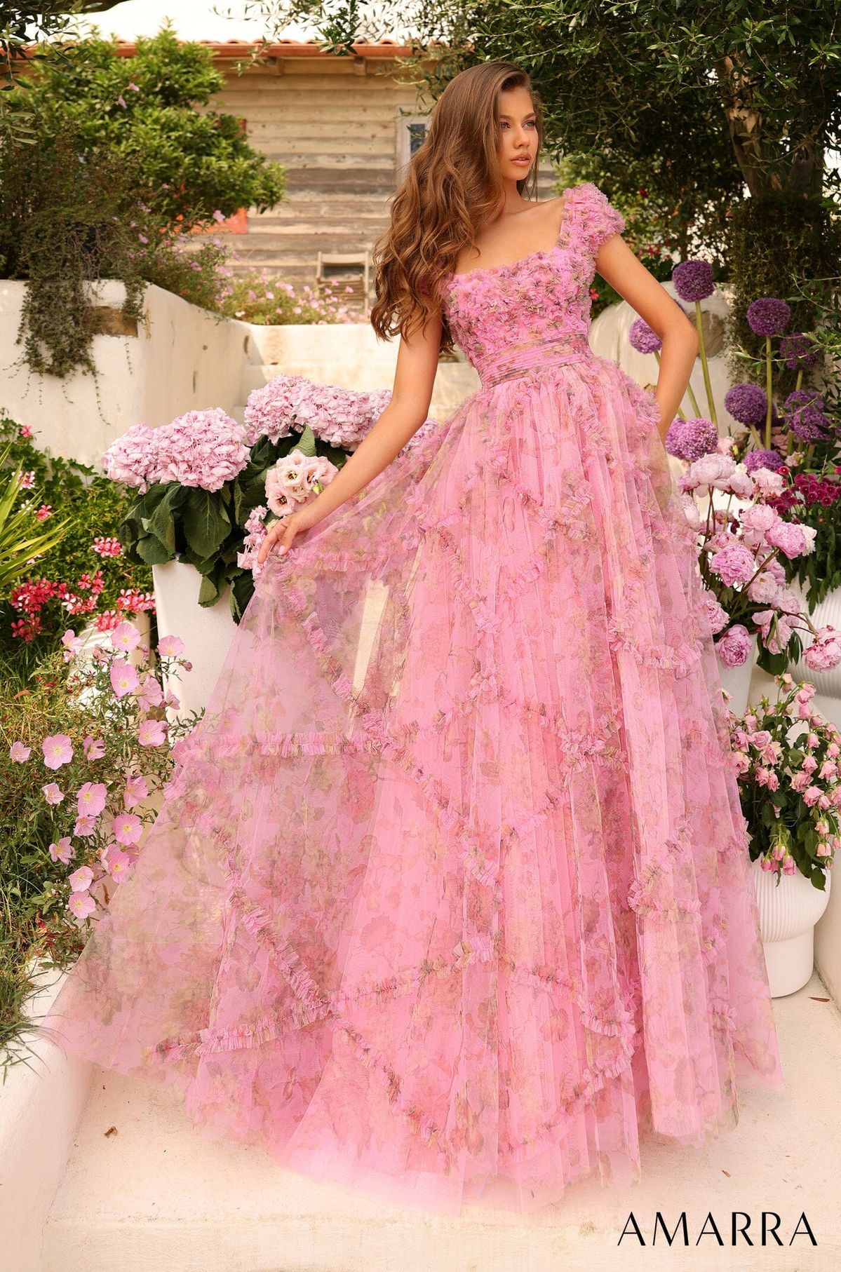 princess dresses_Floral Print Short Sleeve Ball Gown by Amarra 94044