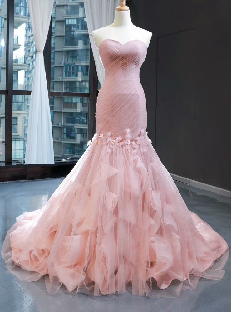 princess dresses_Pink Mermaid Tulle Sweetheart Pleats Appliques Prom Dress