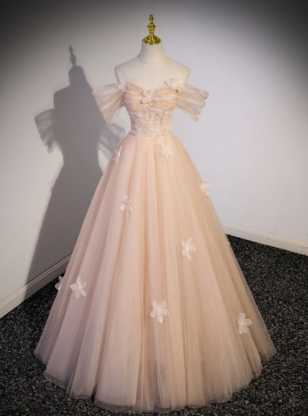 princess dresses_Champagne Tulle Off the Shoulder Flower Prom Dress
