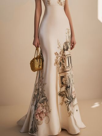 elegant dresses_Beige Floral Satin Deep V Neck Short Sleeve Mermaid Maxi Formal Dress