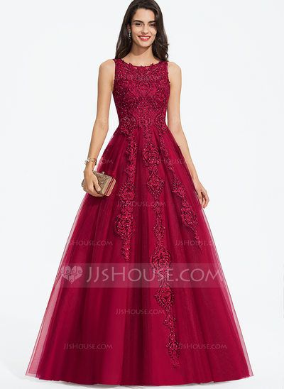 princess dresses_[US$ 239] Ball-Gown/Princess Scoop Sweep Train Lace Tulle Prom Dresses With Beading  - JJ's House