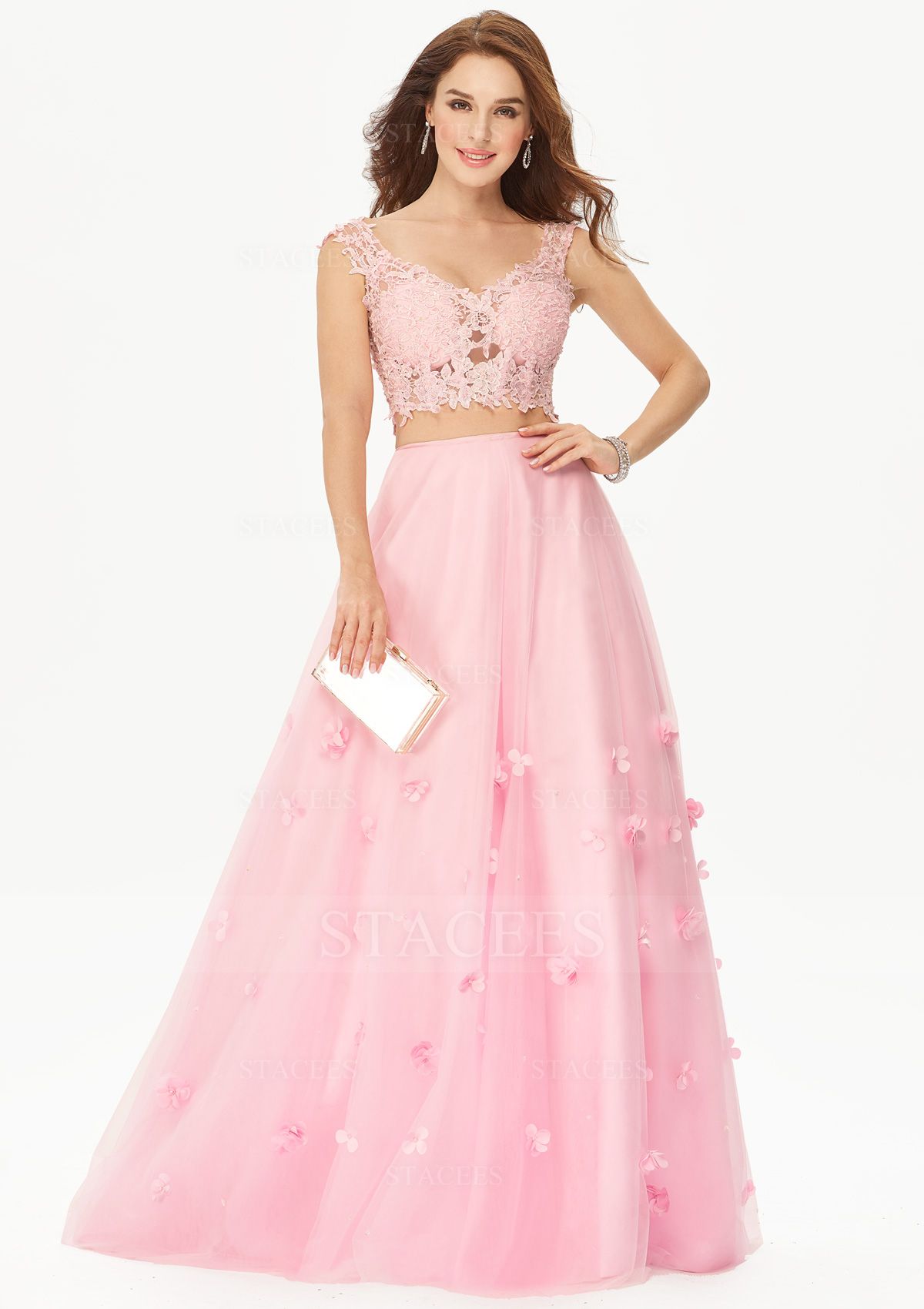 princess dresses_A-line Princess V Neck Sleeveless Lace Tulle Satin Long/Floor-Length Prom Dress With Flowers - Prom Dresses - Stacees