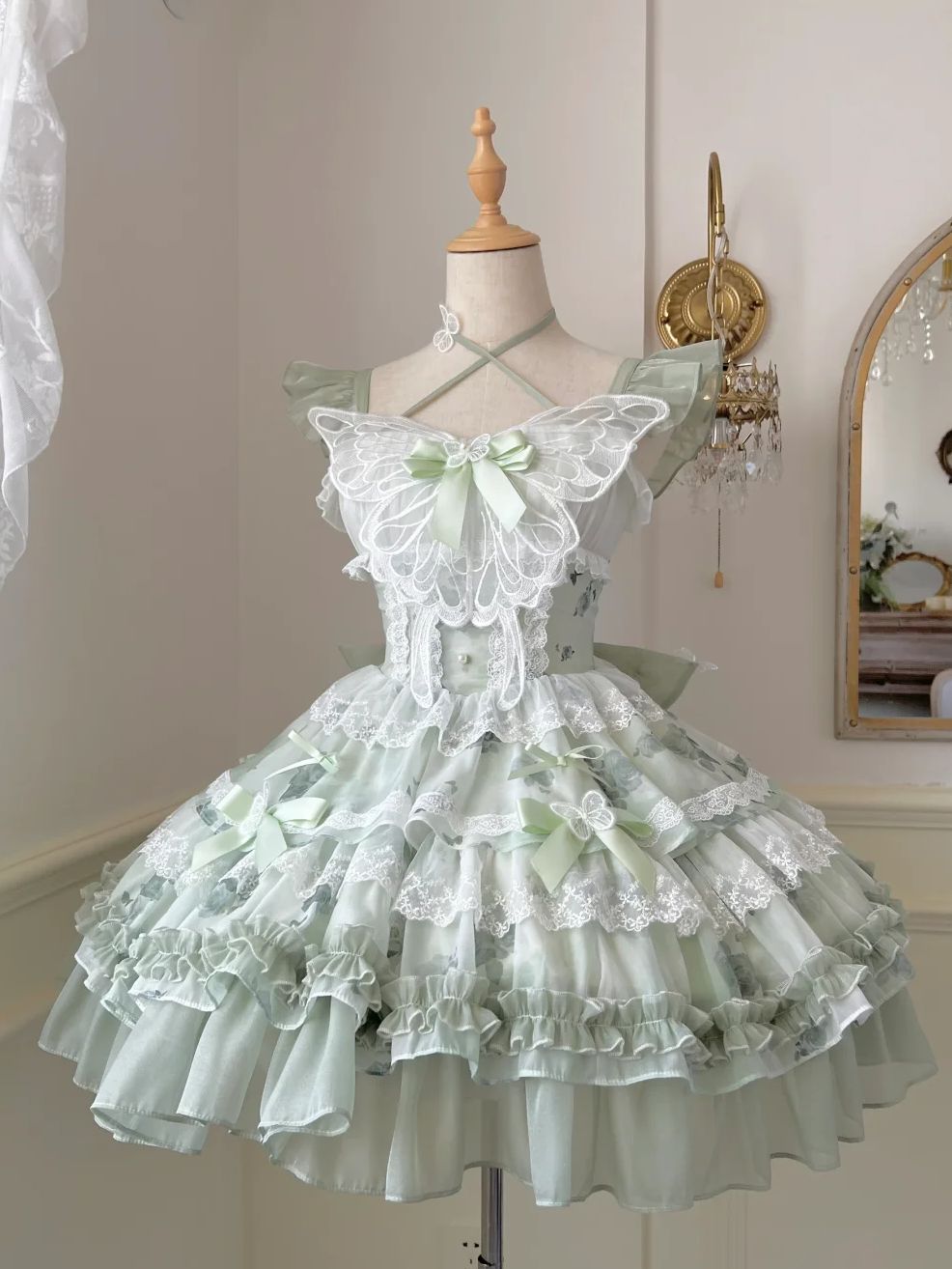 princess dresses_White and Green Floral Print Fairy Butterfly Princess Lolita Dress