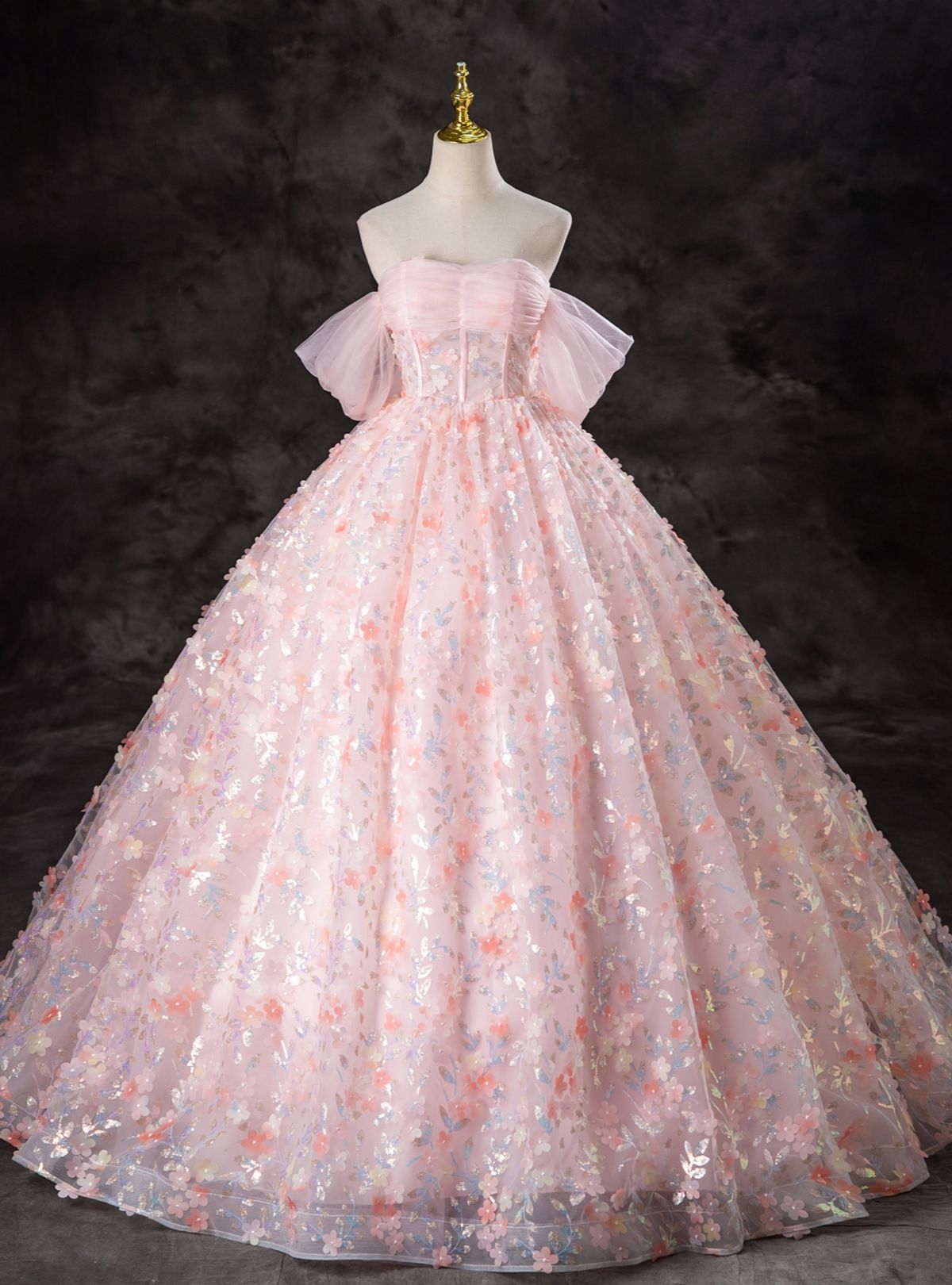 princess dresses_Pink Ball Gown Tulle 3D Flower Quinceanera Dress