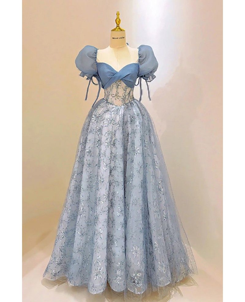 princess dresses_Fairytale Floral Sequin Lace Sheer Long Prom Dress with Short Sleeves