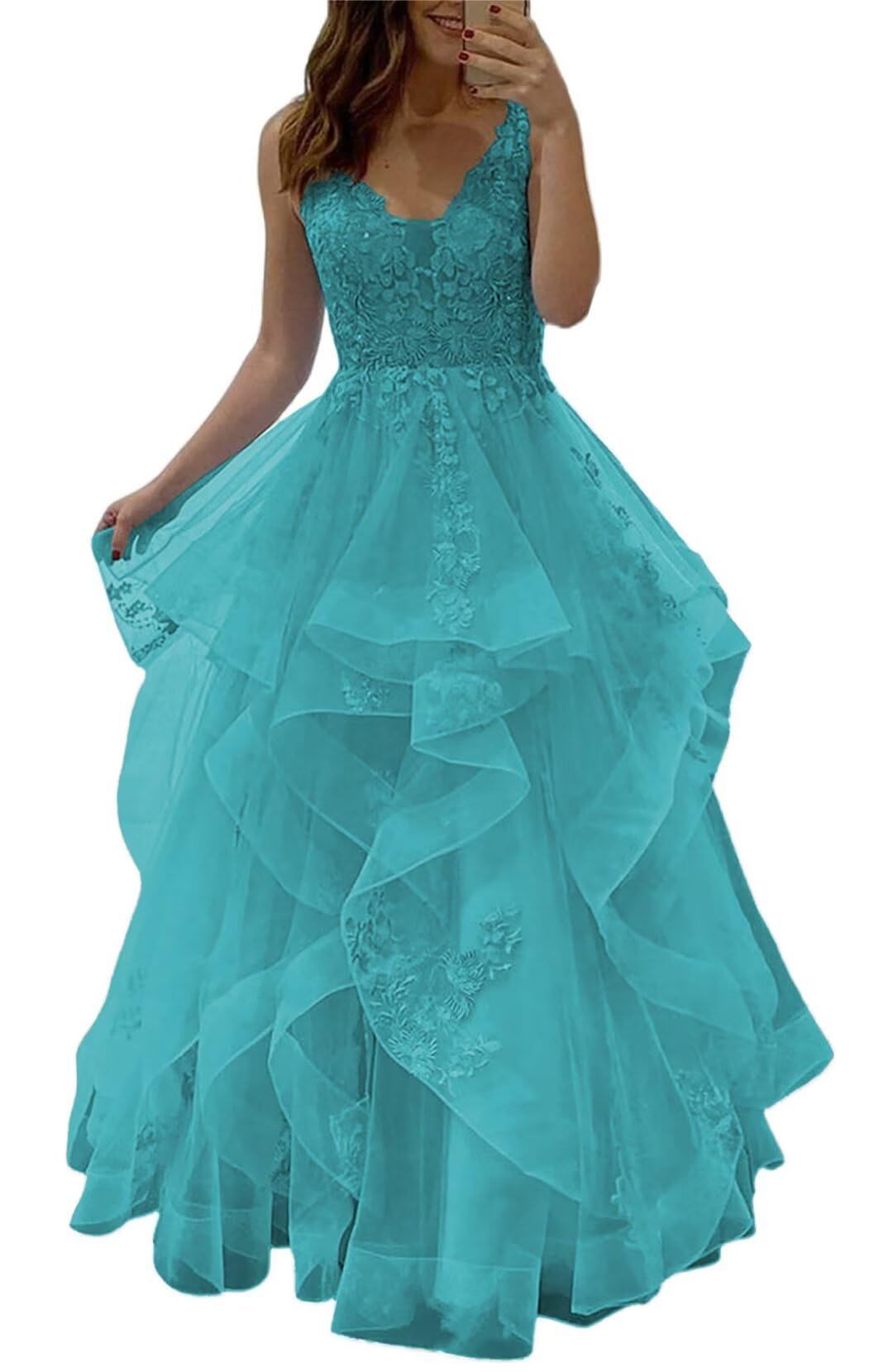 princess dresses_Fluffy Long Tulle Prom Dresses Ruffle Layered Princess Ball Gowns with Laces Applique Formal Evening Dress