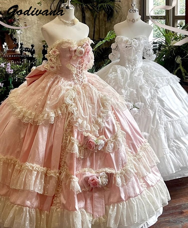 princess dresses_Romantic Princess Pink Flower Wedding Dress Girl Women's Strapless Slim Birthday Party Long Maxi