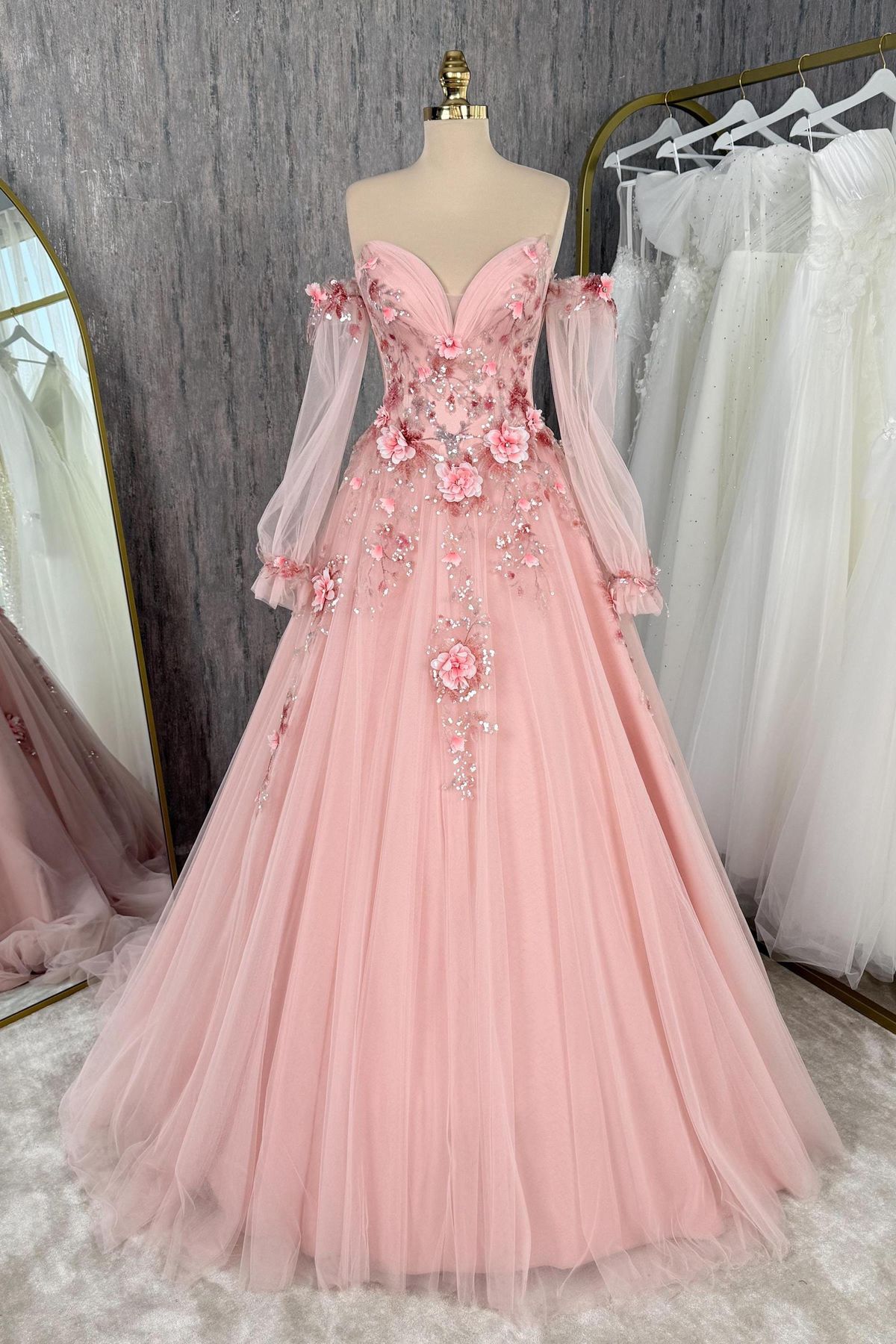 princess dresses_Powder Pink 3D Lace & Train Maxi Evening Dress * Handcrafted Bridal / Engagement Gown