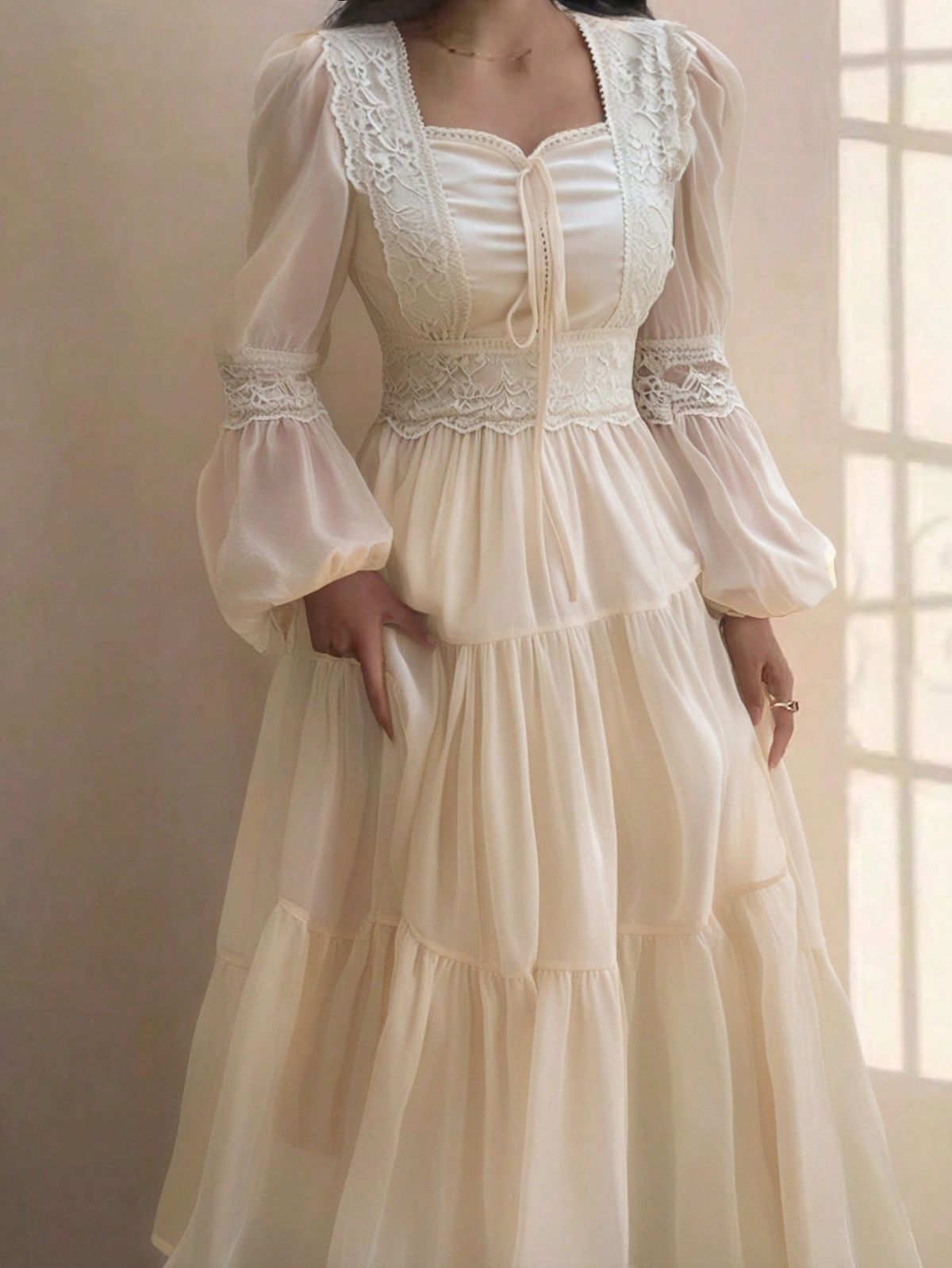 elegant dresses_Women's Square Collar Lace Patchwork Vintage Dress, French Retro Palace Style Fitted Waist Elegant Dress, Spring & Summer Elegant,Ruffle Women Dresses Birthday Women S White Dress Women S Clothes Women Casual Dress Women Birthday Outfit