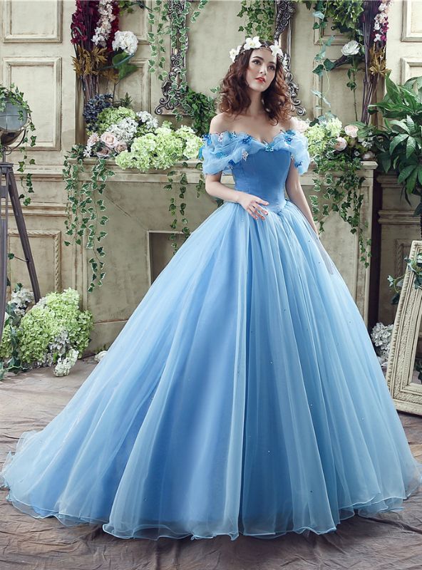 princess dresses_In Stock:Ship in 48 hours Blue Tulle Off The Shoulder Cinderella Wedding Dress