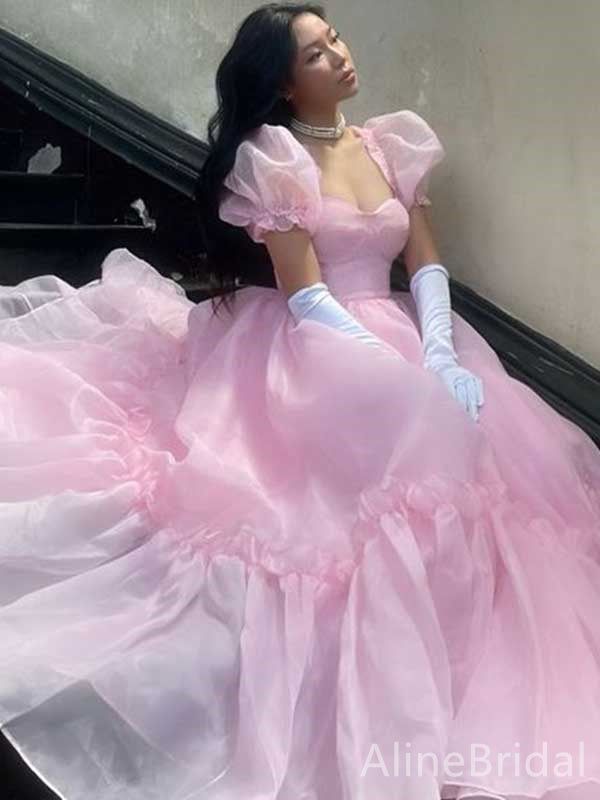 princess dresses_Gorgeous Pink Sweatheart Ruffles A-line Long Prom Dress with Puff Slee
