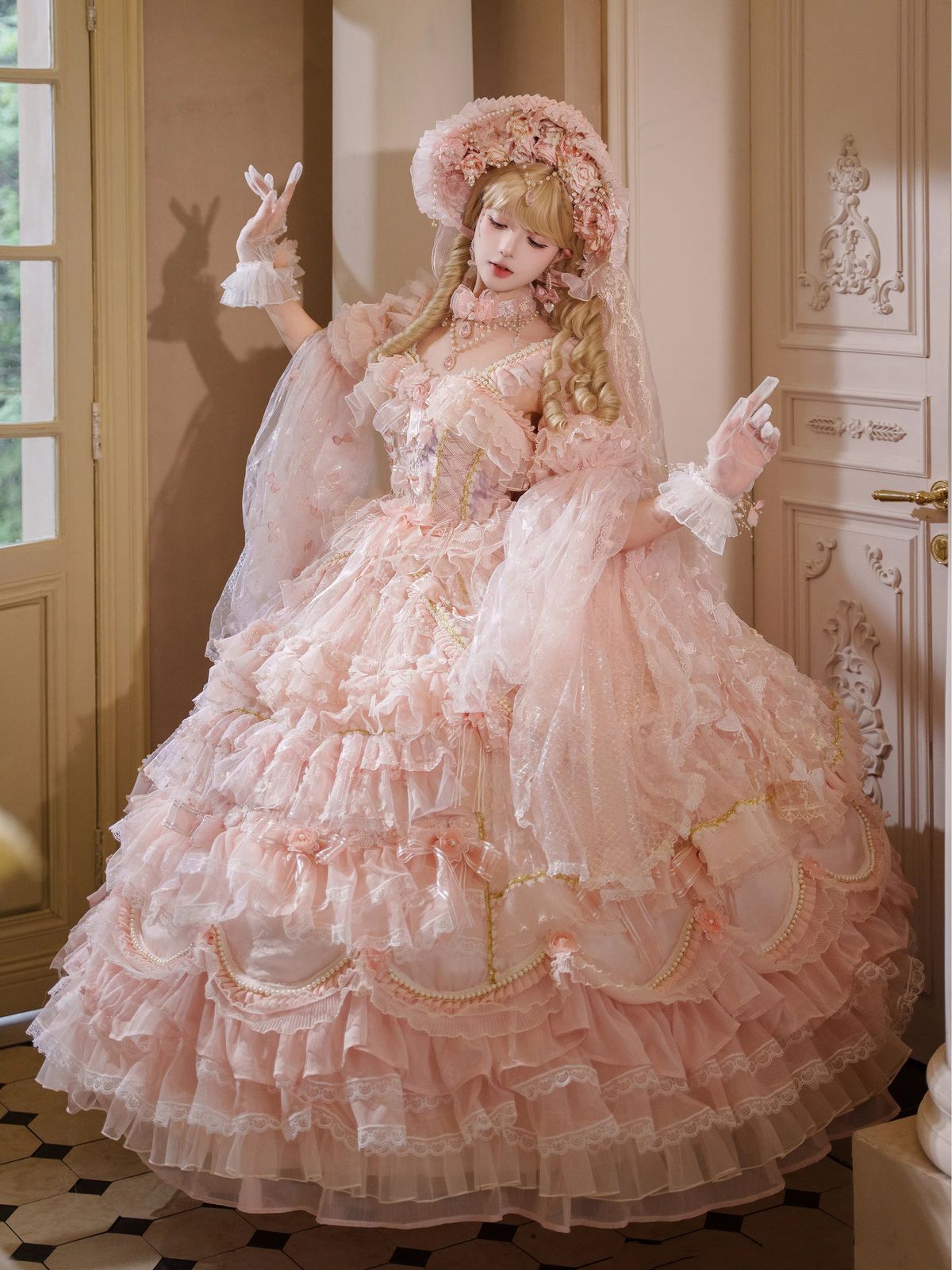 princess dresses_Plus Sizes Available Pink Gorgeous Hanayome Floral and Bead Chain Hime Lolita Wedding Dress Floor Length