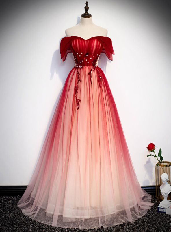 princess dresses_Princess Burgundy Tulle Off the Shoulder Beading Prom Dress