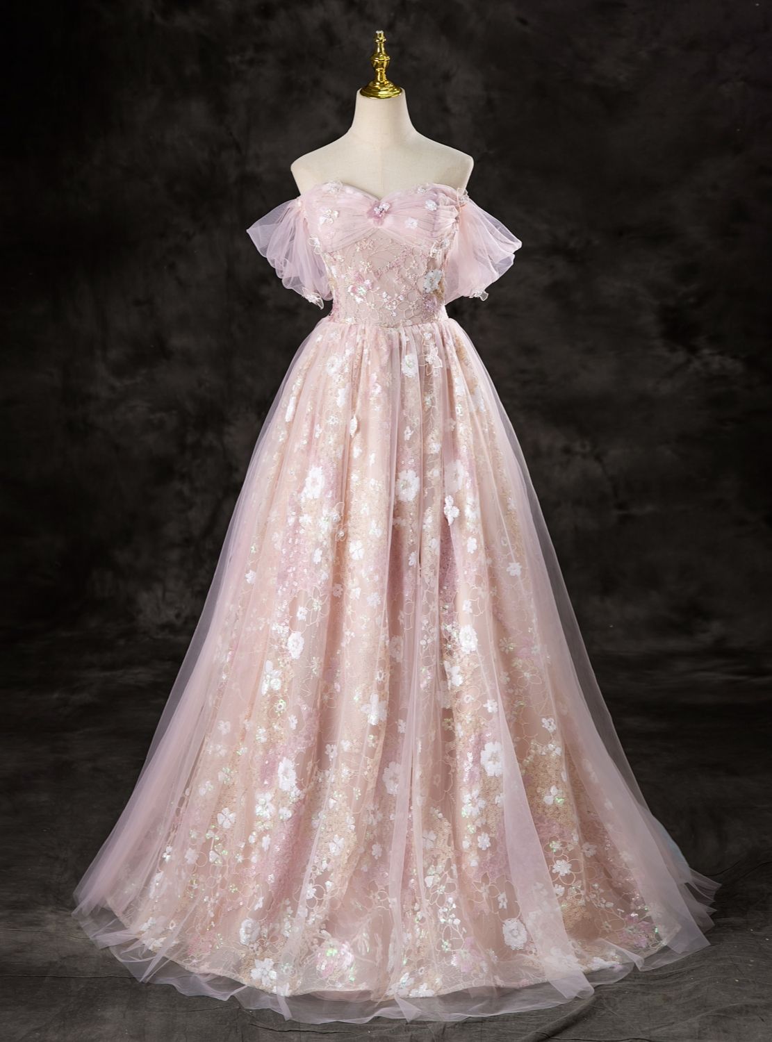 princess dresses_Pink Tulle Sequins Lace Off the Shoulder Prom Dress