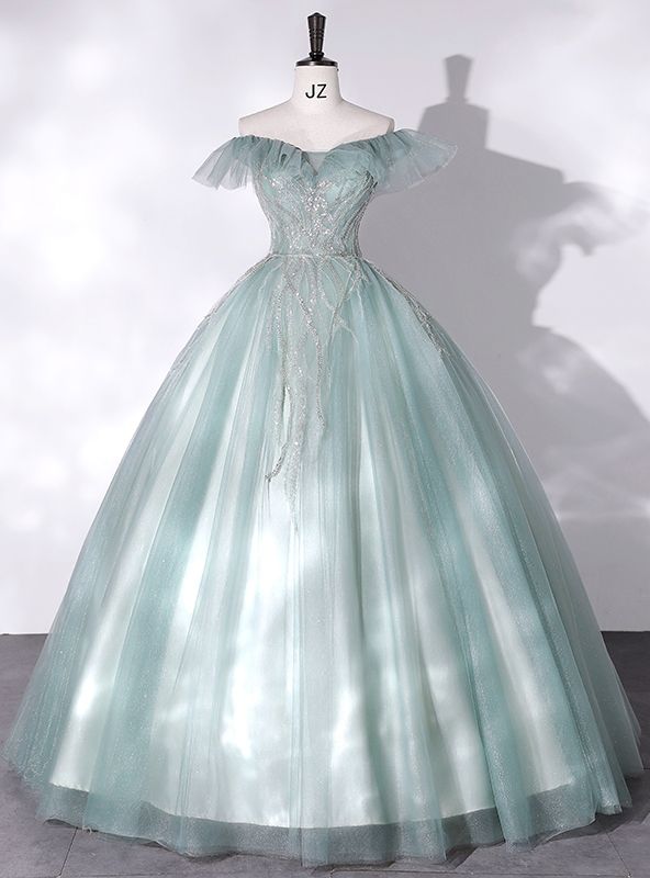 princess dresses_Green Tulle Off the Shoulder Beading Quinceanera Dress