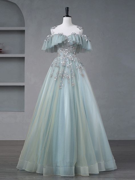 princess dresses_A-Line Blue Tulle sequin Lace Long Lace Sweet Quinceanera Dress