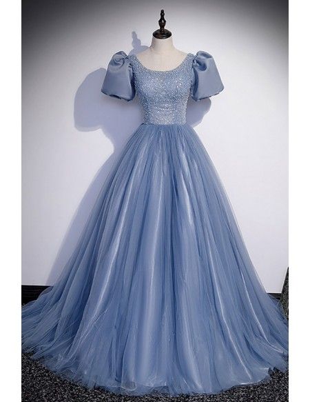 princess dresses_[$188.99] Princess Blue Ballgown Long Tulle Prom Dress with Sequined Top #L78182 - GemGrace.com
