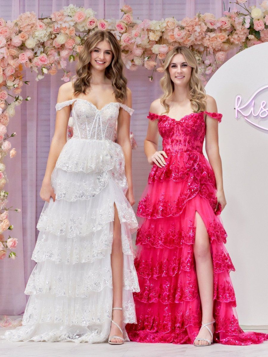 princess dresses_Fuchsia Princess A Line Off the Shoulder Corset Prom Dress with Lace Ruffles - Fuchsia / 12