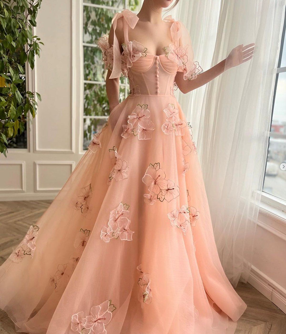 princess dresses_A Line Sweetheart 3D Appliques Peach Long Prom Dress from Dress idea