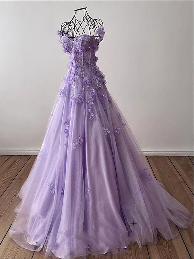 princess dresses_A-Line Sweep / Brush Train Prom Dresses Elegant Sleeveless Sweetheart Formal Tulle with Pleats Sequin Appliques 2025 - $139.99
