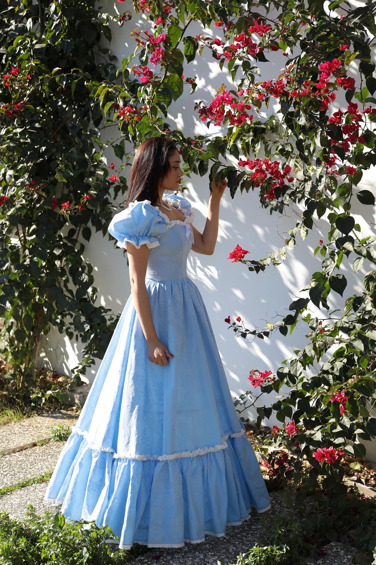 princess dresses_Vintage style baby blue  cotton long fairy tale dress with cape / 1920 model print patterned scalloped corset dress /prom halloween dress