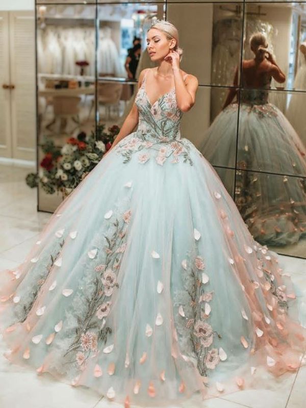 princess dresses_Vintage Modest Turquoise Spaghetti Strap V-neck Floral Tulle Long Prom