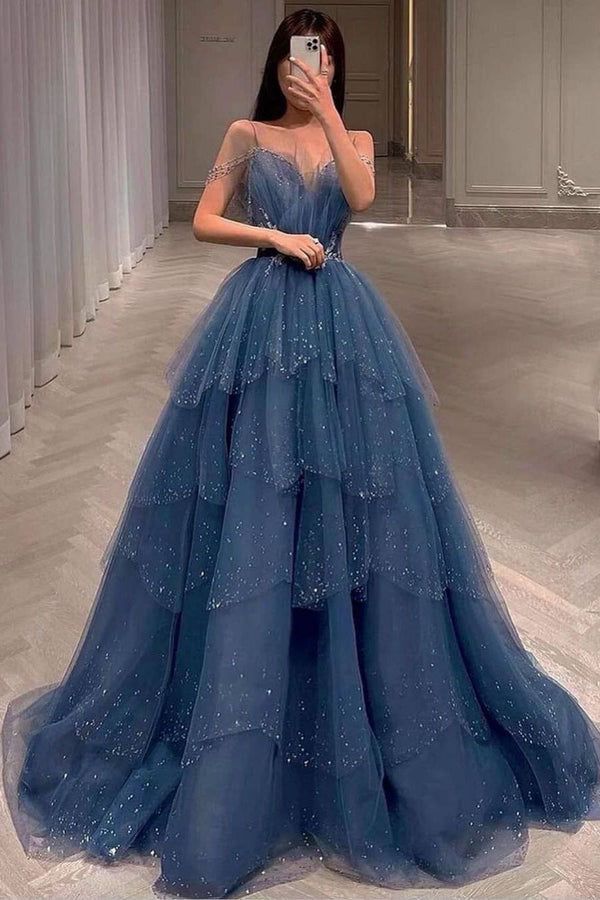 princess dresses_Gorgeous Blue Sparkly Tulle Beaded Prom Dress, Tiered Formal Gown with Rhinestone UQP0142