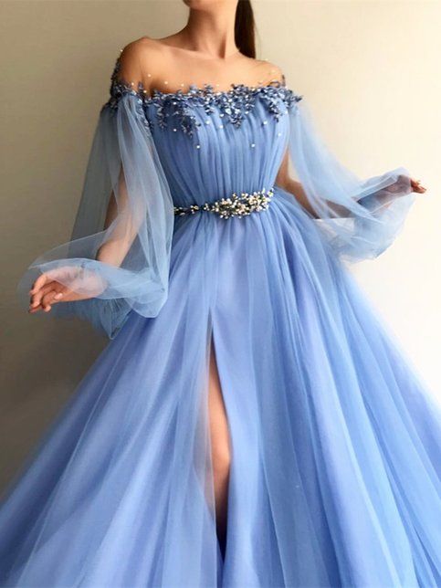princess dresses_Custom Made Round Neck Baby Blue Tulle Long Sleeves Prom Dresses, Blue Long Sleeves Formal Dresses