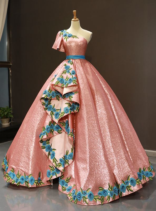 princess dresses_Pink Ball Gown Sequins Blue Embroidery Appliques One Shoulder Sweet 16 Prom Dress